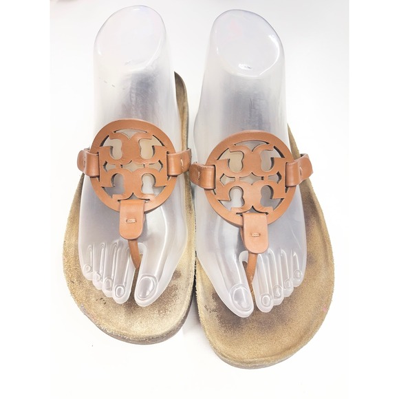 Tory Burch Shoes - Tory Burch Miller Cloud Tan Leather Thong Sandals Logo Cork Slides Womens 8.5